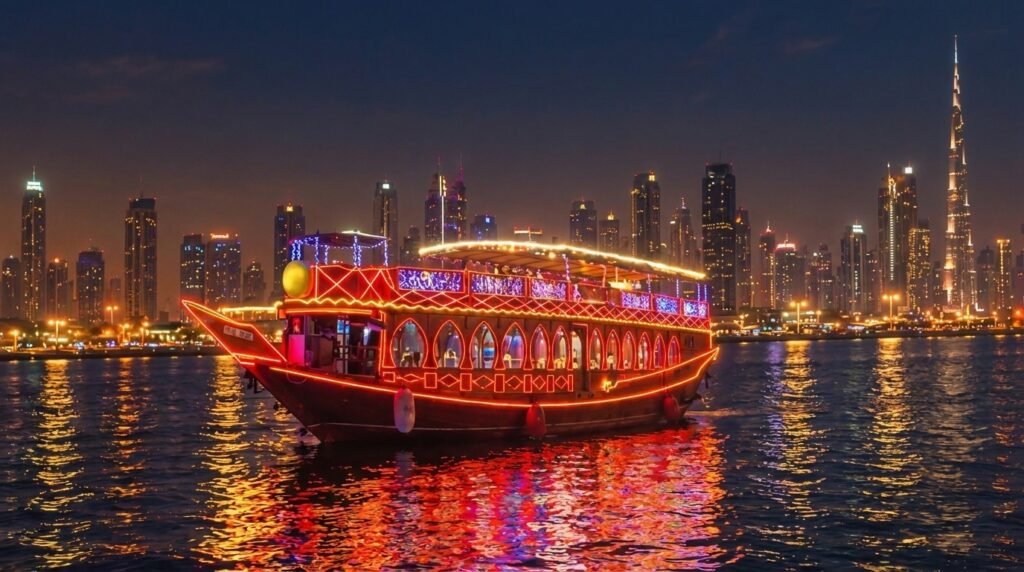 Dubai Creek Dhow Cruise with traditional wooden boat and city views