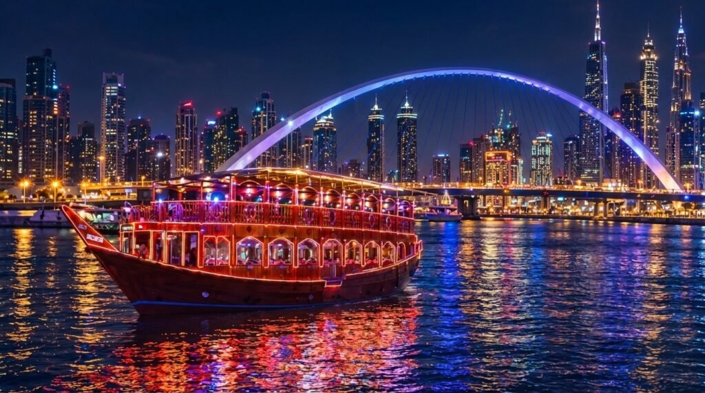 Dubai Marina Dhow Cruise with waterfront views and traditional dhow boat