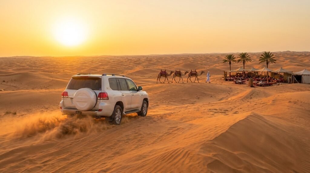 Morning Desert Safari Dubai with dune bashing, camel ride and sandboarding